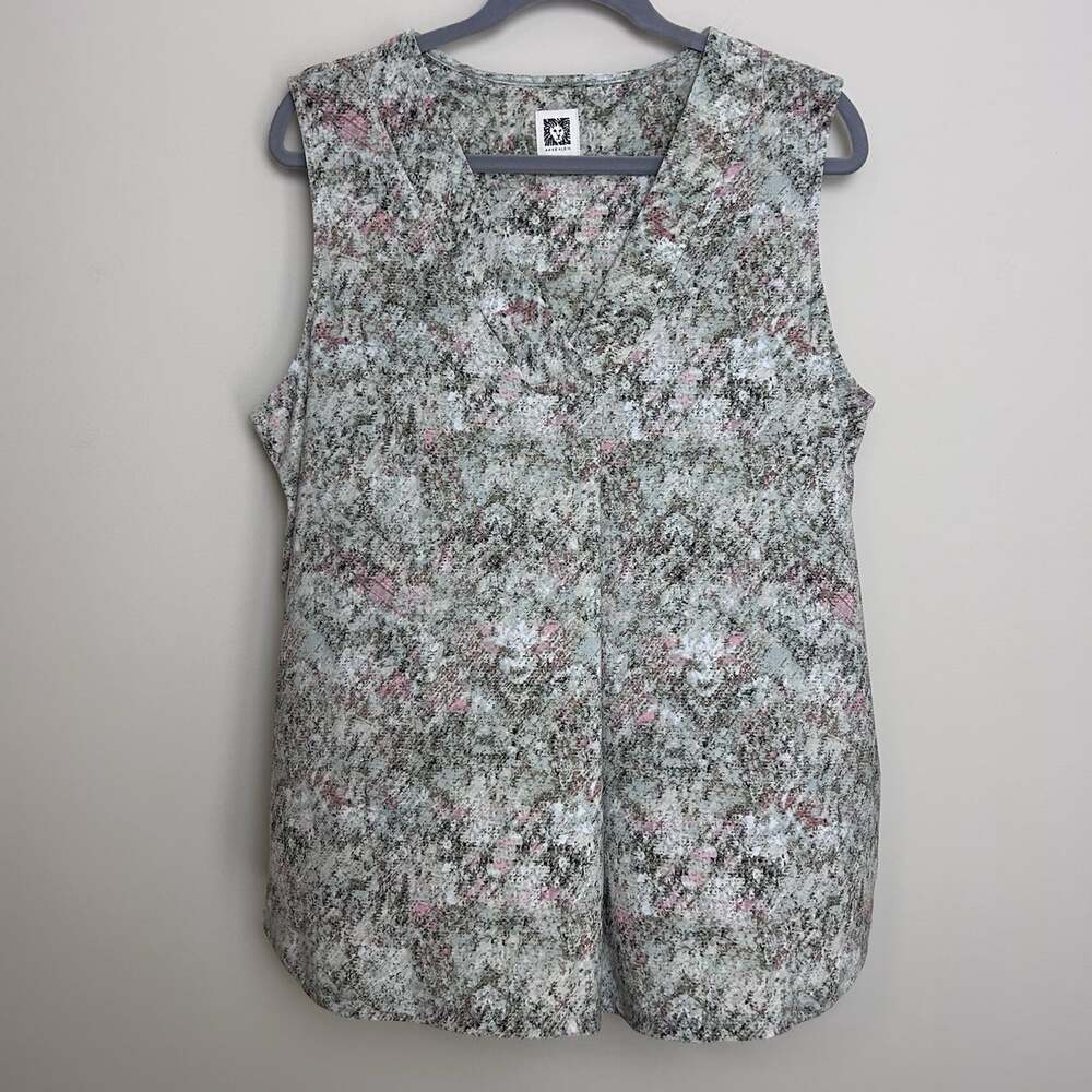 Anne Klein Sleeveless Blouse Women's Large Watercolor Top V-Neck Green Pink